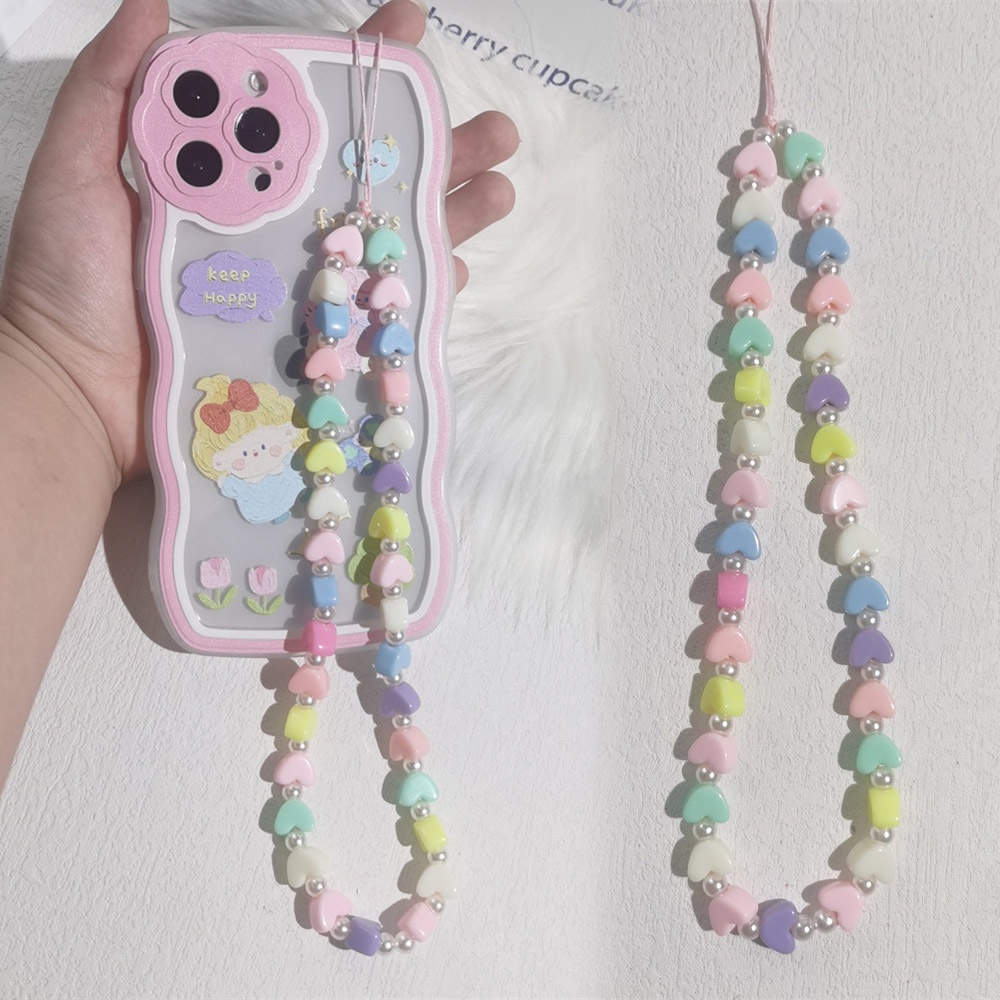 Tali Lanyard Rantai Manik-Manik Akrilik Warna-Warni Anti Hilang Untuk Case Hp