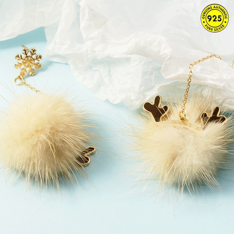 Anting Tusuk Gantung Wanita Desain Snowflakebola Bulu Wol Gaya Musim Gugurdinginnatal Untuk Hadiah