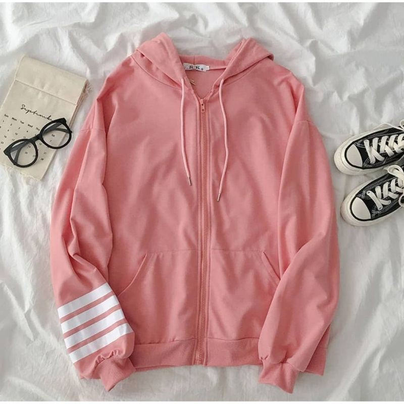 HOODIE ZIPER SWEATER WANITA - REGLAN SALUR HOODIE FLEECE TEBAL - HOODIE WANITA-Peach salur