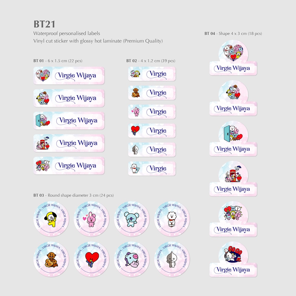

BT21 / LABEL & STIKER NAMA / STICKER VINYL WATERPROOF (TAHAN AIR & ANTI SOBEK), CUTTING, LAMINASI GLOSSY / LABEL NAMA ANAK