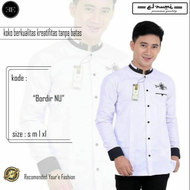 Baju Koko NU Bordir Putih List Hitam