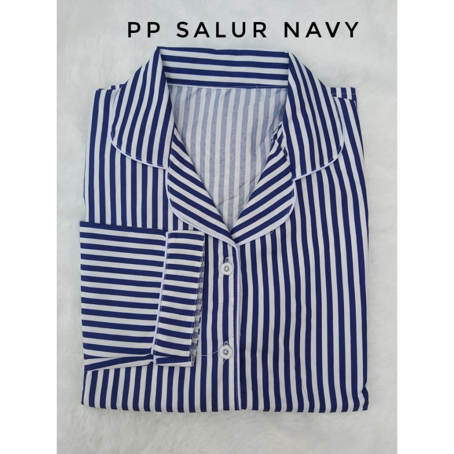 PIYAMA MOTIF SQUARE KOTAK WANITA DEWASA/BAJU TIDUR WANITA JUMBO LENGAN PANJANG-SALUR NAVY JMB PP