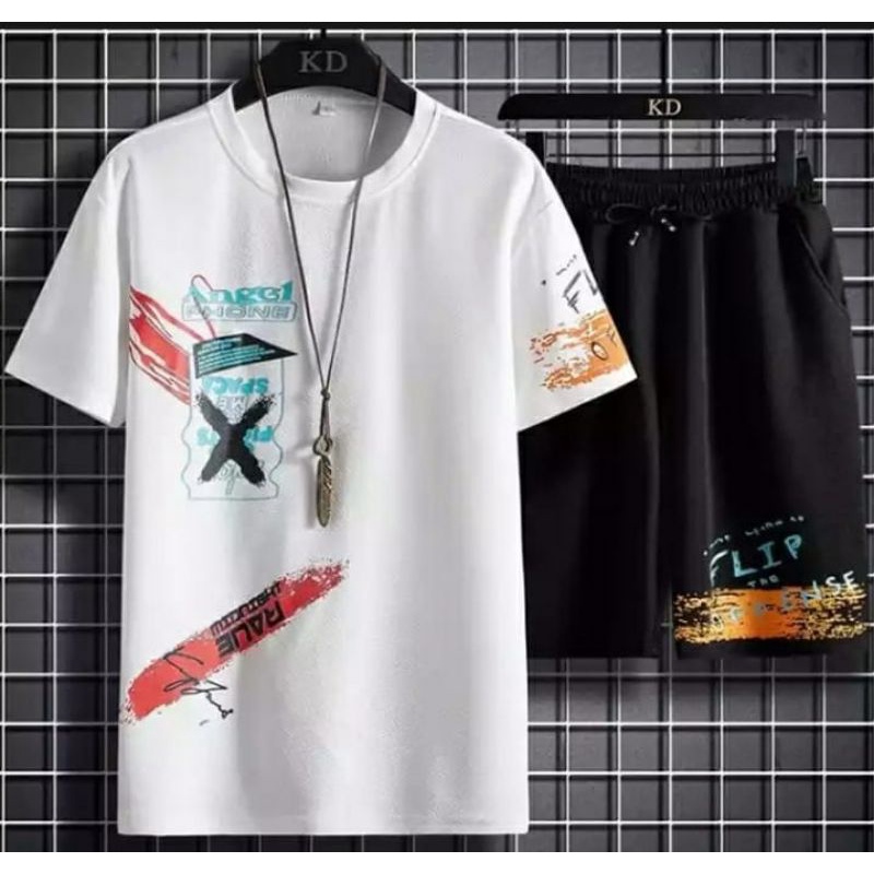 BAJU 1 SET PRIA - STELAN PRIA TERBARU  - PAKAIAN PRIA - FASHION PRIA - BAJU KEREN PRIA - SET BAJU ANGEL COWOK / SETELAN COWOK BAJU KAOS DAN CELANA PENDEK KEKINIAN KOREA