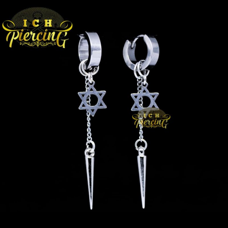 VIRAL Anting Bintang Hexagram Rantai Tmbak Titanium steel / Anting Pria Wanita Gantungan Piercing Xuping