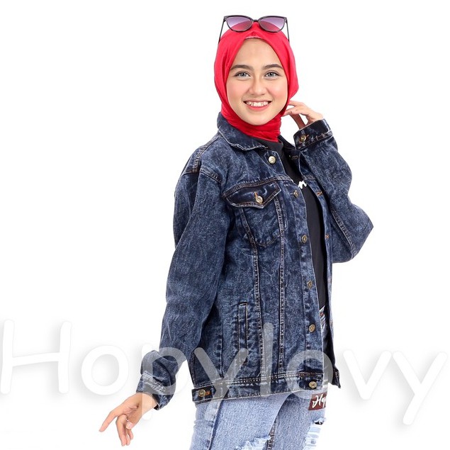 HOPYLOVY - Jaket Jeans Oversize Sanwash Ada Kantong Samping Alma