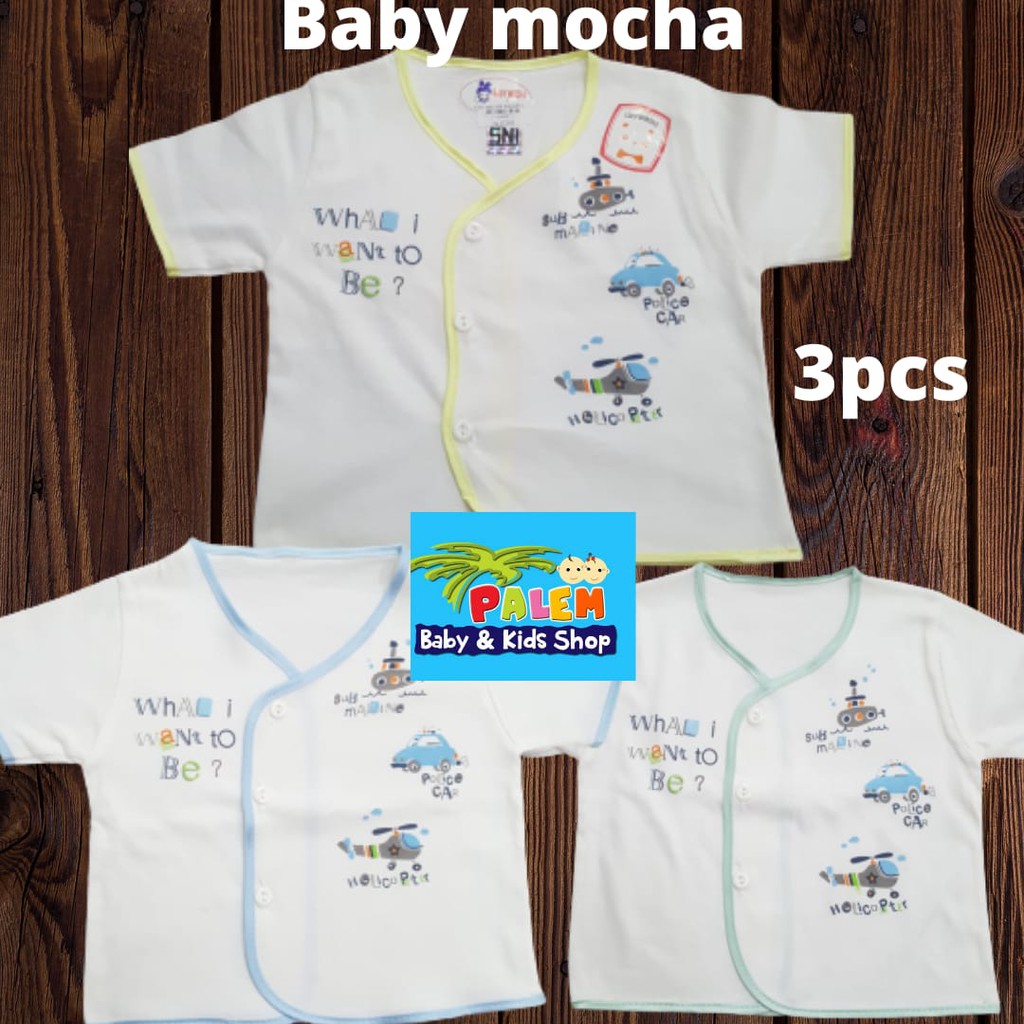 Baby mocha baju pendek bis putih isi 3pcs motif M 0-3&amp;L usia 3-6bulan