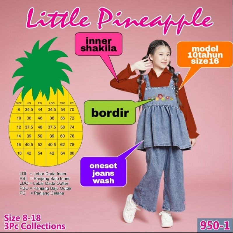 ( LP. 950-1 ) LITTLE PINEAPPLE Setelan Jeans + Kemeja Inner Size : 8-14th