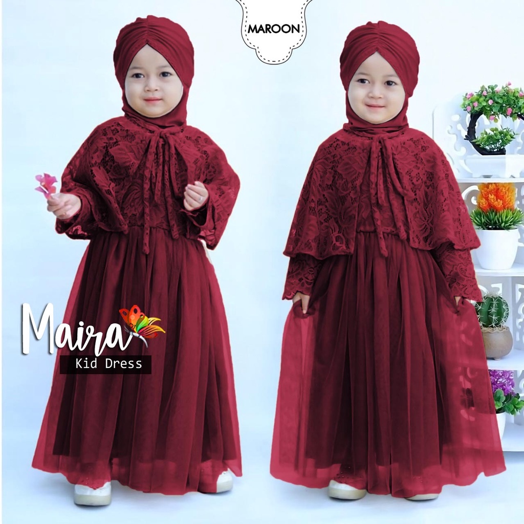 DRESS MAIRA KID ANAK, BRUKAT FURING, GAMIS HIJAB MUSLIM, MAXY DRESS, 2 UKURAN