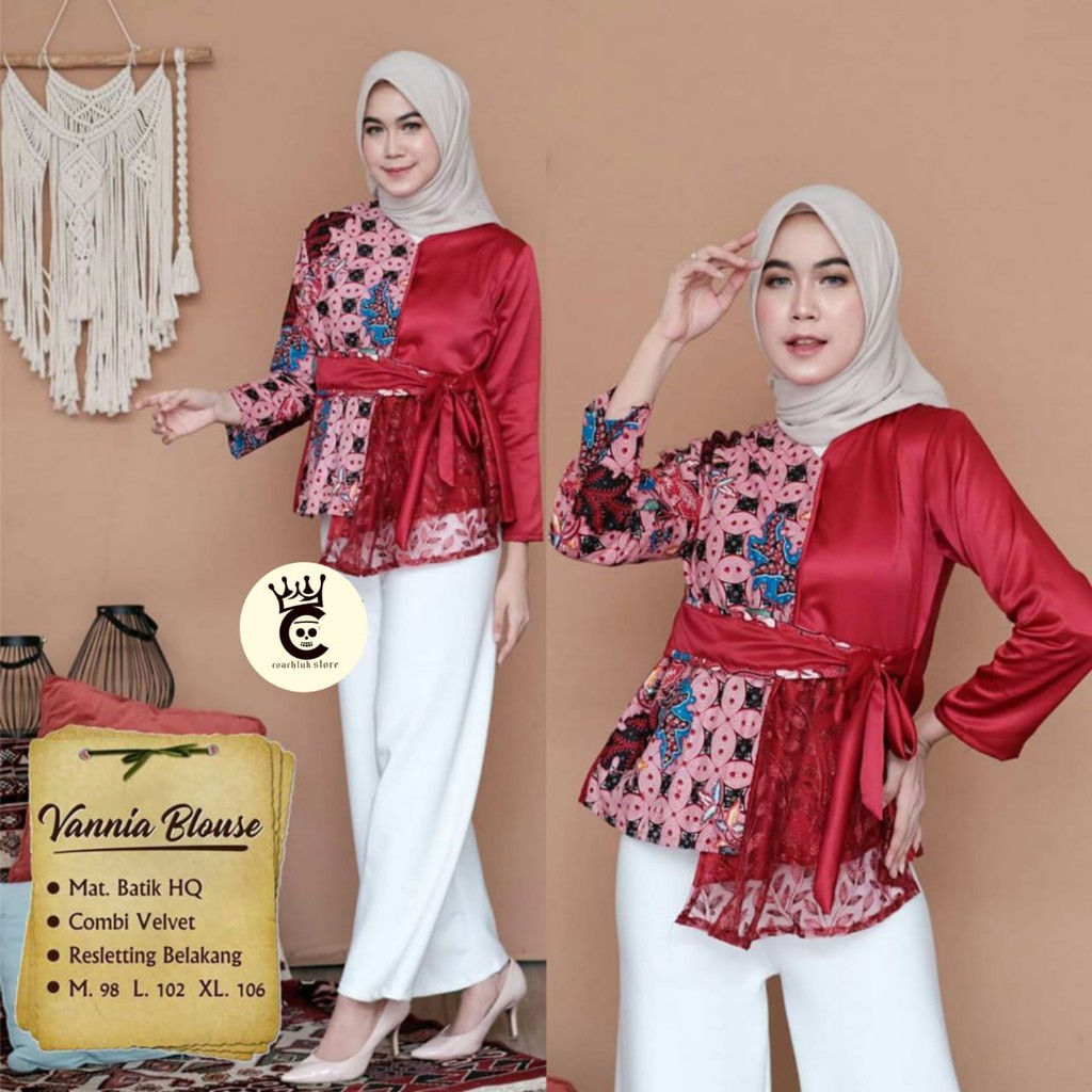 Atasan Blouse Batik Wanita Kerja- Blus Batik-Fashion Wanita Modern Kombinasi Brokat Tile  Velvet-1