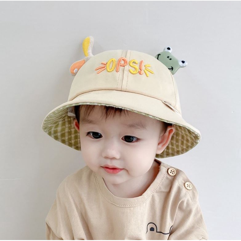 Topi Anak Lebar Model Frog Kombinasi Kotak Kotak Laki Laki Perempuan Unisex Impor Murah-Khaki