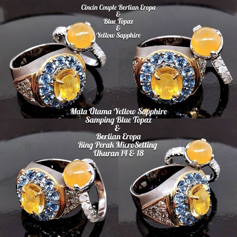cincin couple yellow safir tabur blue topas dan berlian asli koleksi pria wanita kalimaya ruby safir