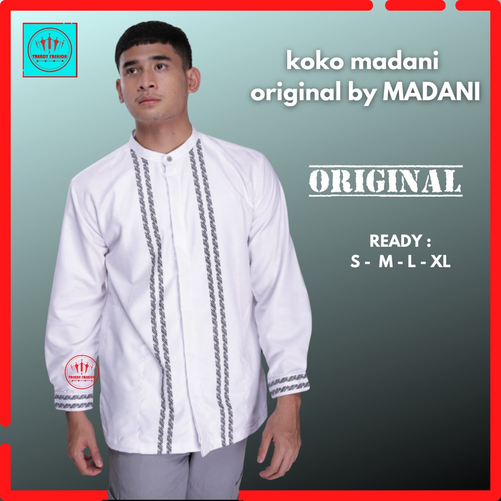 Muslimadani baju Koko pria lengan panjang putih katun bordir baju lebaran /resmi/kondangan remaja/de