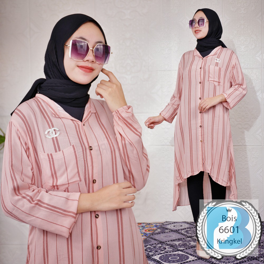 Long Tunik Rayon Jumbo Motif Salur Saku Depan Busui Kancing Belah Samping Bois