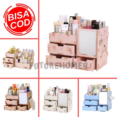 Rak Kosmetik Bahan Kayu Motif Bunga Motif Polos Plus Kaca Cosmetic Stroge