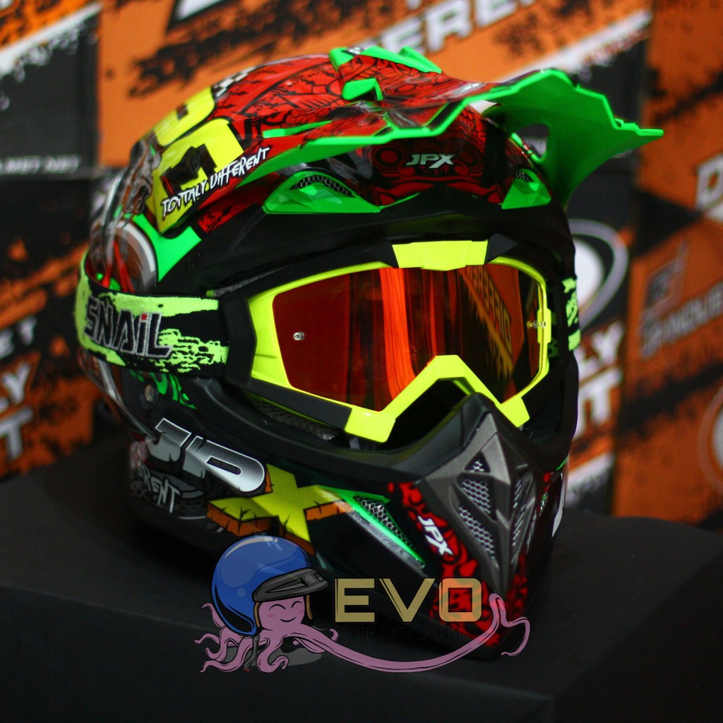 HELM JPX CROSS_SERI X16 - FLUO GREEN GLOSS + GOOGLE SNAIL (ONGKIR 2 KG) HELM JPX TERBARU