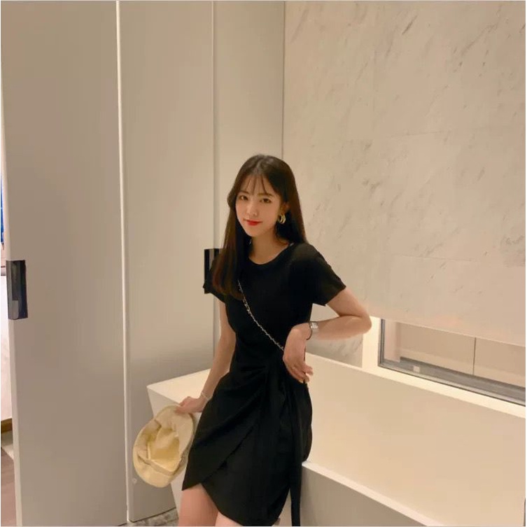 [littlecrab] Dress Wanita Wrapping Hitam Abu-Abu Dress Santai High Class Dress Model Santai Hang Out Dress High Quality Dress Pendek Dress Pesta Dress Simple Polos Elegan Casual Korean Style