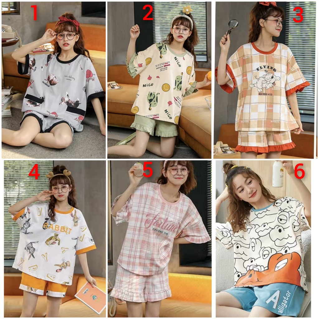 Baju tidur piyama lengan pendek celana pendek bahan kaos import