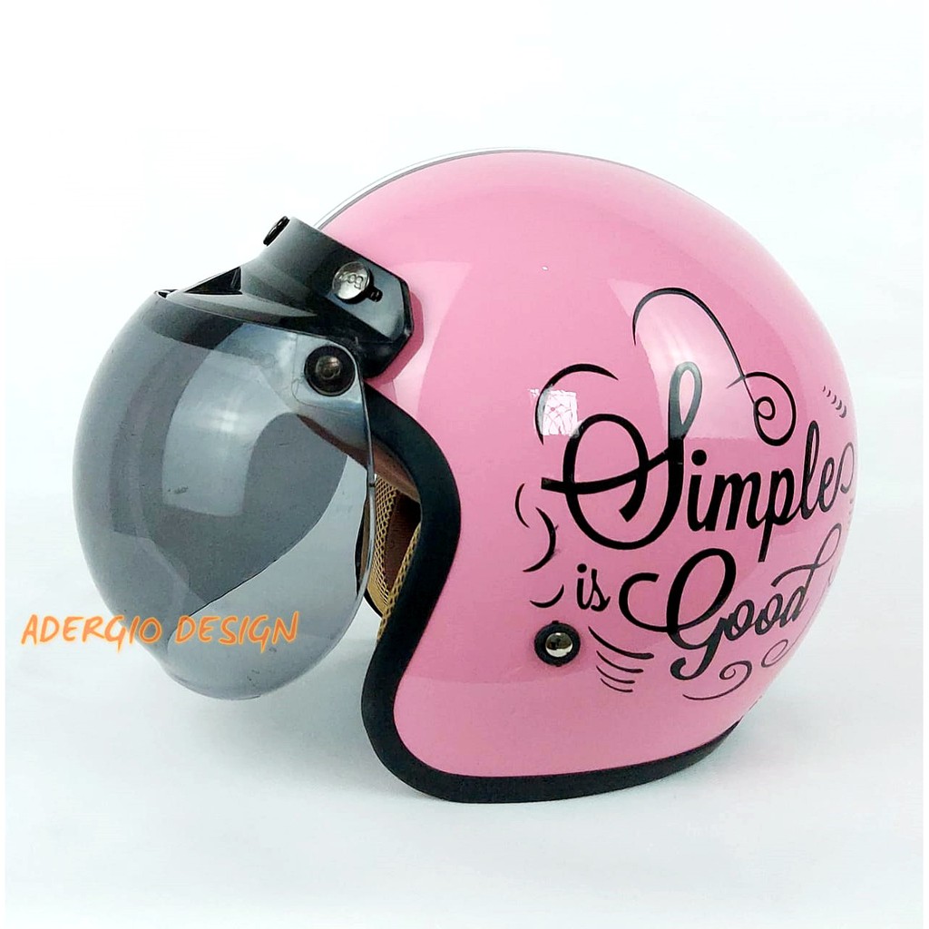 HELM BOGO DEWASA RETRO FULL LEHER SNI Simple Is Good Pink Glossy LH Kaca Datar dan Cembung