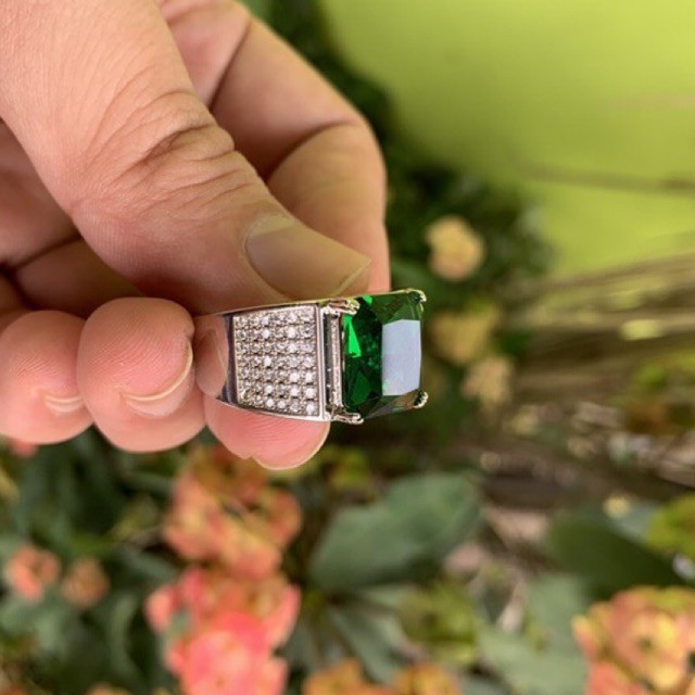 Cincin Pria Perak Sterling Silver 925 Batu Zamrud Emerald Cubic Zirconia