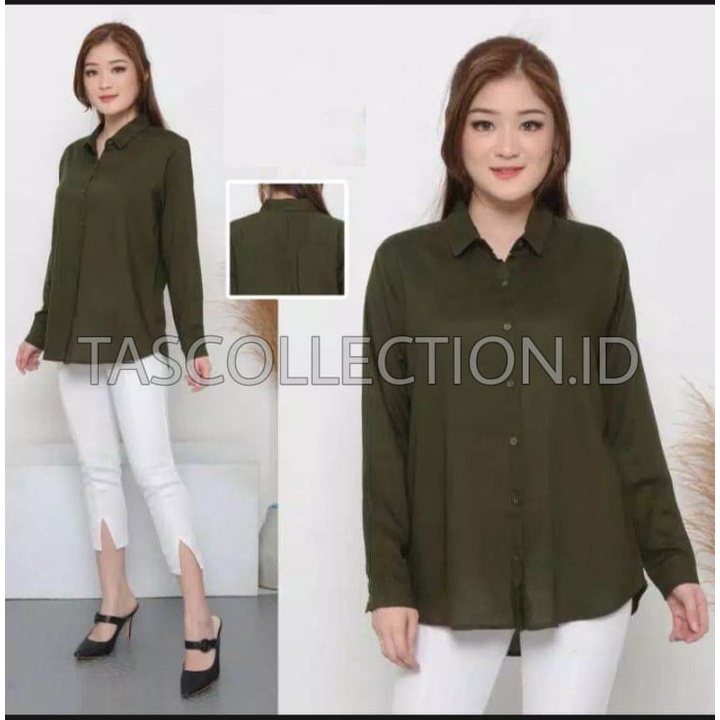 Kemeja wanita Basic lengan panjang bahan Moscrepe-HIJAU ARMY