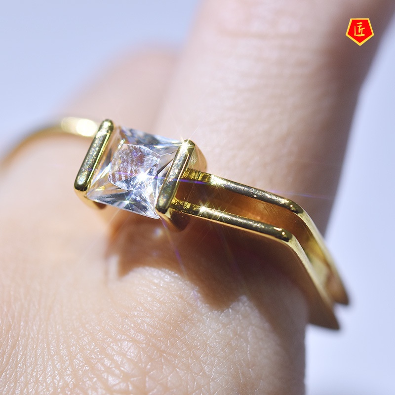 [Ready Stock]Creative Geometric Diamond Square Gold Ring