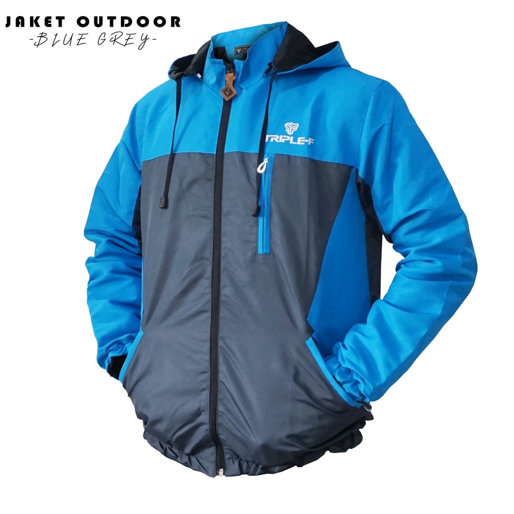 Jaket Gunung Outdoor Waterproof Anti Air Angin Pria Wanita Parasut Taslan Tebal Polos Hitam Size L XL Original Triple F