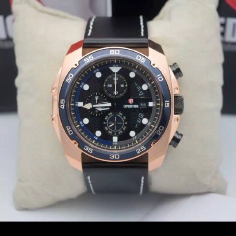 JAM TANGAN PRIA EXPEDITION E 6762 / E6762 ROSEGOLD BLACK LEATHER BLACK ORIGINAL