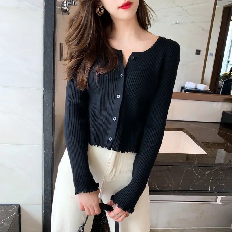 Korean style Sweater wanita rajut Baju atasan wanita lengan panjang Cardigan crop