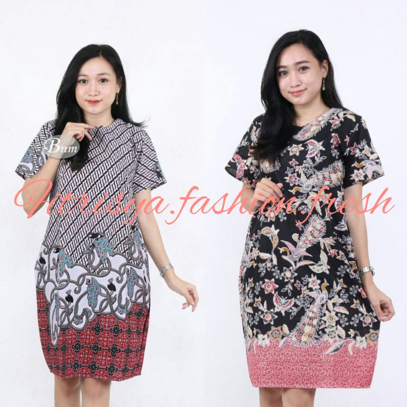TUNIK DRESS BATIK WANITA JUMBO XXXXL / 4L LENGAN PENDEK MORENA MERAH KOMBINASI MODEL BARU MURAH