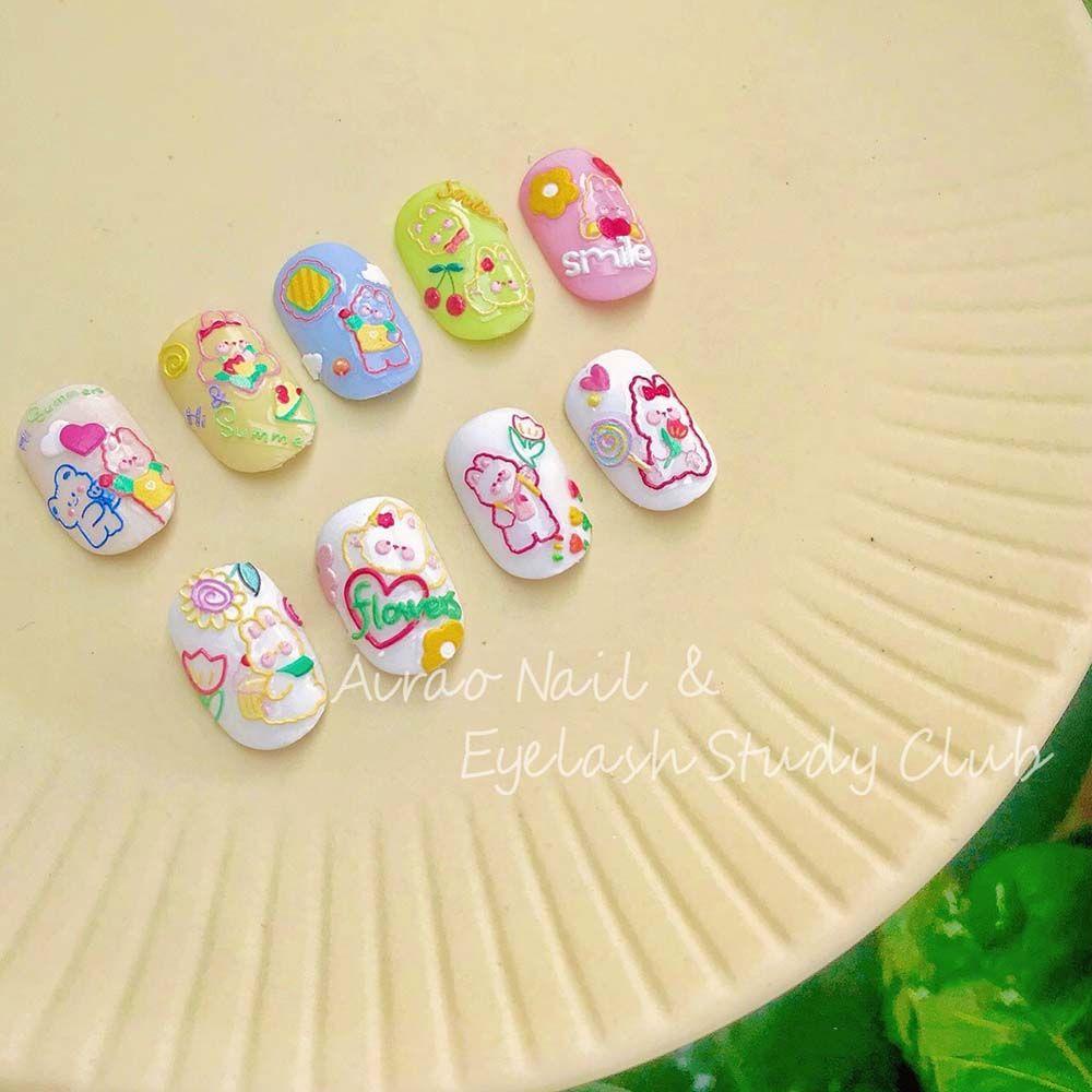 AUGUSTINA Agustina Kelinci Nail Art Stiker Lucu Indah Floret Perekat Relief Kartun Manikur Aksesoris