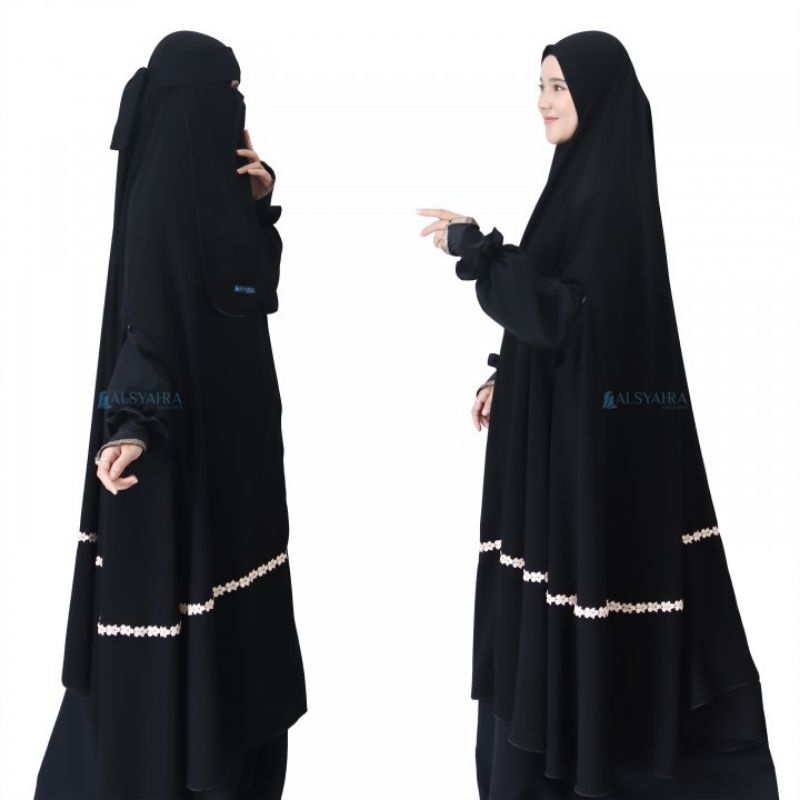 Set Khimar Syari Handzipper Nailah Haramain Niqab Poni Jetblack Alsyahra Exclusive