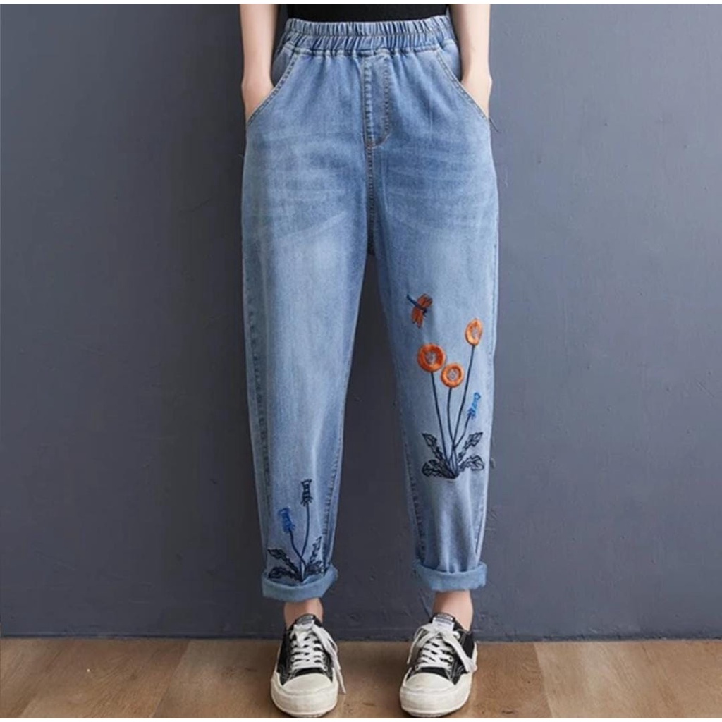 BAGGY JEANS BORDIR KOREAN STYLE KARET MUTER ALL MODEL (BEST SELLER) - KADIN PANTS