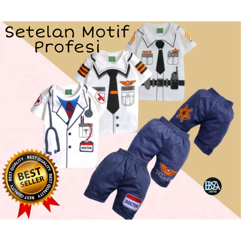 Setelan Kaos Profesi Anak Laki Laki Baju Bayi Lengan Pendek Usia 0 sampai Umur 3 tahun Dokter dan Po