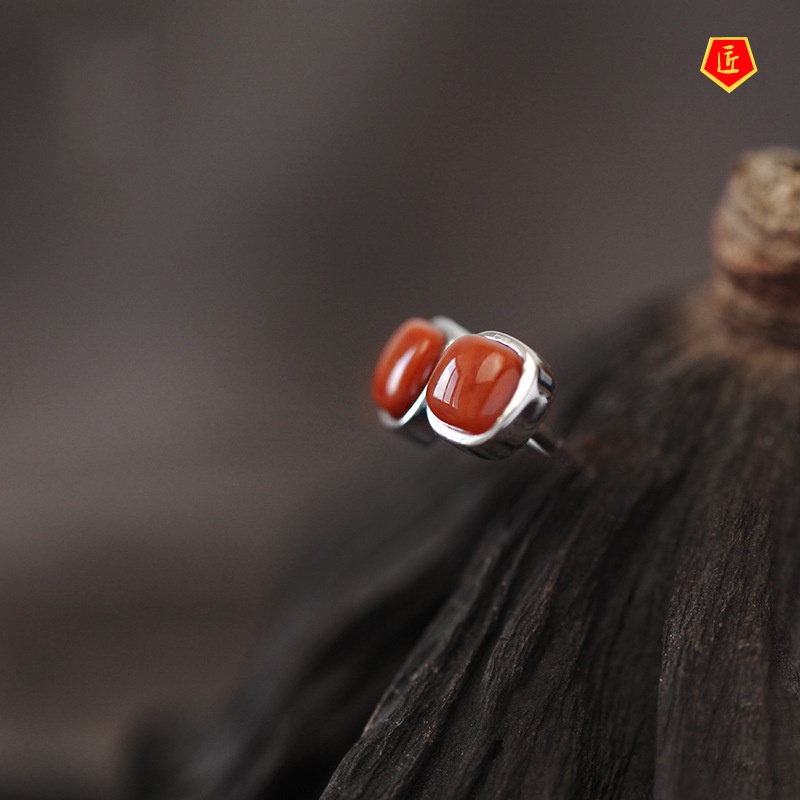 [Ready Stock]S925 Silver Elegance Retro Natural Red Agate Ear Studs