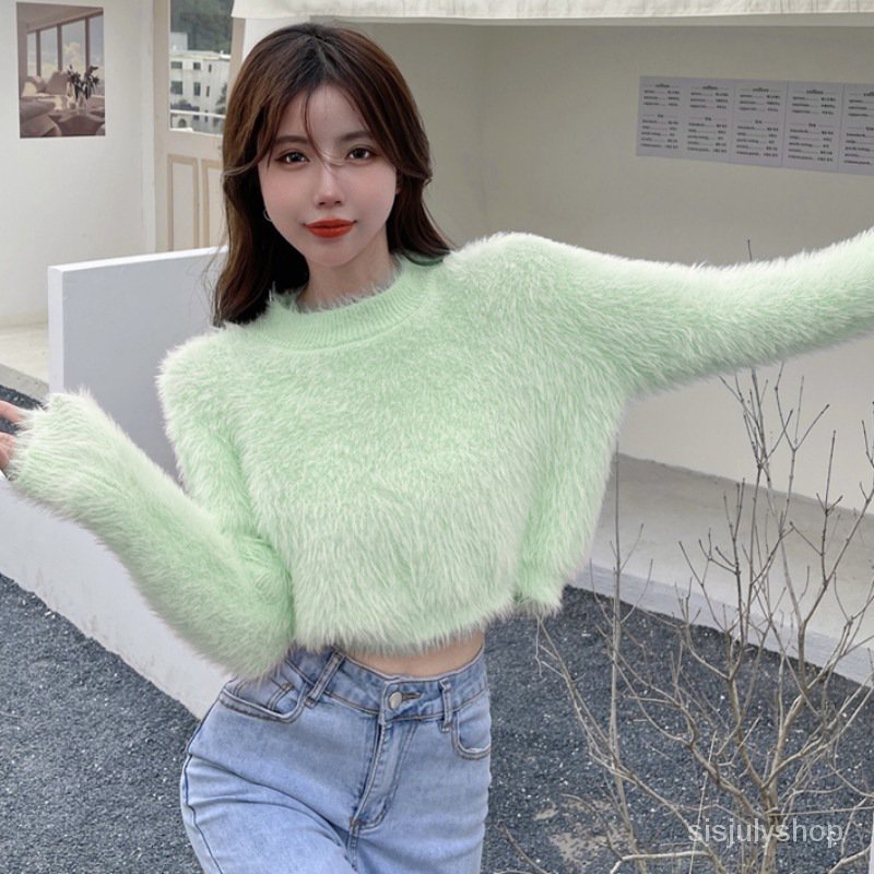 #Sisjuly# Sweater Wanita Pullover Leher Bulat Pendek Slim Fit Sweater Rajut Bawah Serbaguna Tipis