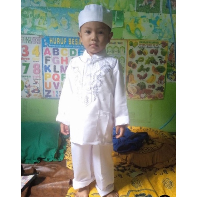 Baju koko anak putih lengan panjang / setelan taqwa anak putih bordir untuk usia 2 4 5 6 7 8 tahun setelan manasik