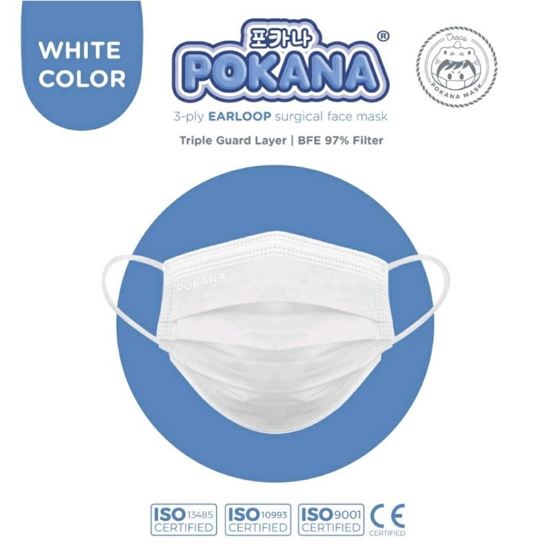 Masker Pokana 3-Ply Earloop Surgical Face Mask Box isi 30 Pcs (White)