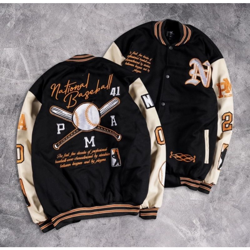 VINTAGE BASEBALL VARSITY JACKET | LEATHER JACKET CREAM | Jaket Kulit Varsity Vintage Cream Hitam Pri