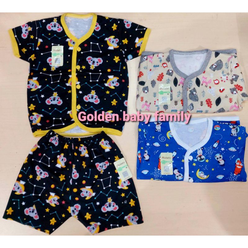 3 PCS SETELAN MUBEBI PENDEK M /L (6-12 m)  KANCING DEPAN PIYAMA BAJU TIDUR