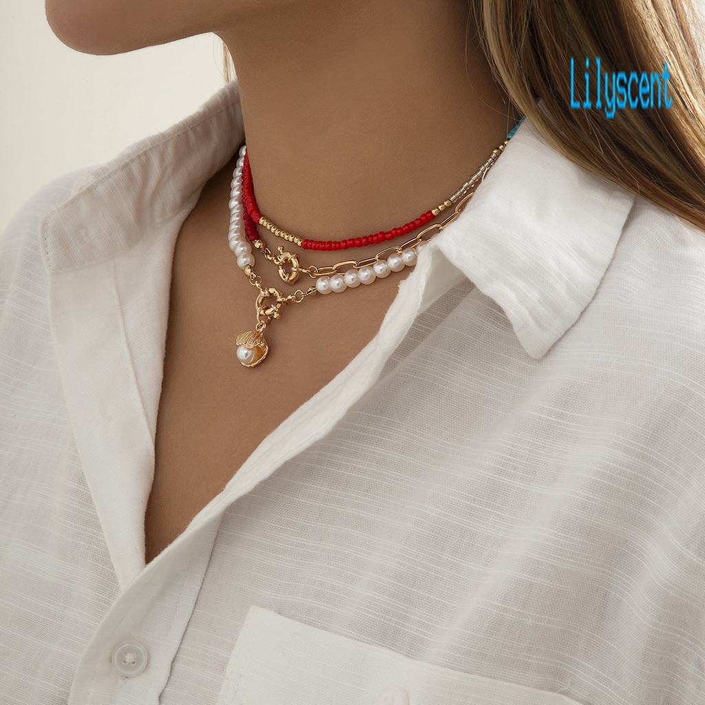 3pcs Kalung Multilayer Dengan Liontin Mutiara Imitasi Untuk Wanita