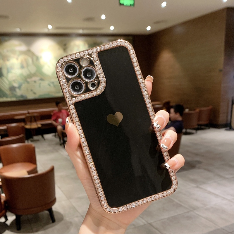 Case Bumper Belakang Desain Hati Bling Berlian Imitasi Untuk Iphone 12 11 13 Pro Max X XR XS Max 7 8 Plus SE 2020