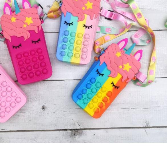 ♔ Ready Tas Selempang silikon HP POP IT Big Unicorn rainbow manjang 20cm ✴