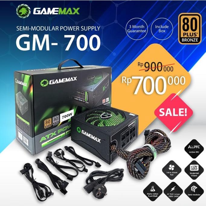 GAMEMAX Semi Modular Power Supply 700W With Modular Cable PSU 700 WATT