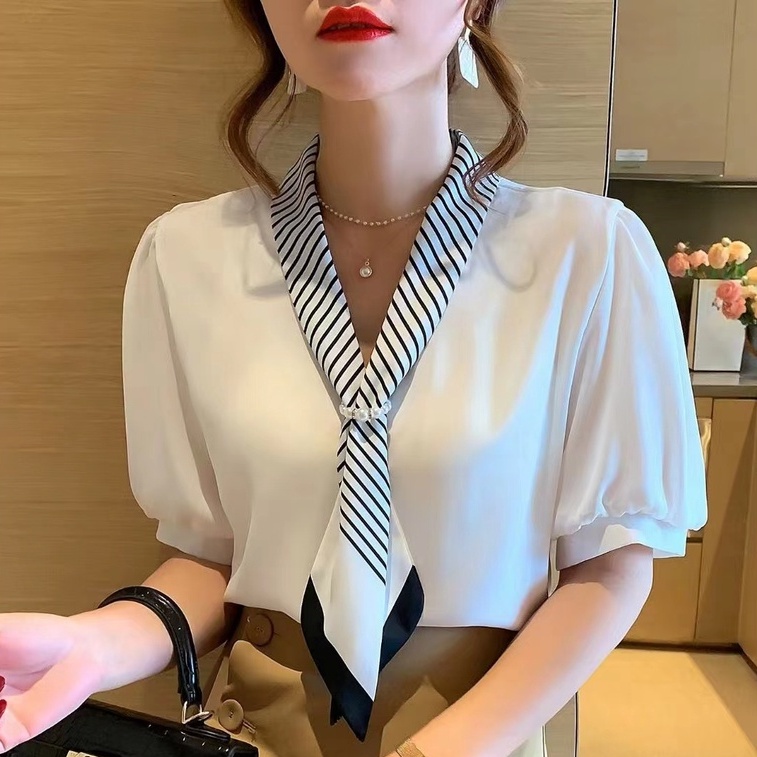 Women V Neck Puff Sleeve Blouse With Silk Scarf Atasan Wanita Lengan Pendek 2056