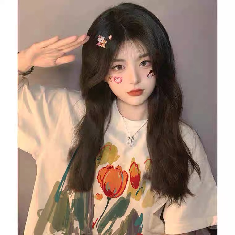 EUNII T-shirt Lengan Pendek Cartoon Tulip Korean Style/Kaos Atasan Wanita/Baju Kaus Oversize Wanita/Kaos Wanita Korean Style