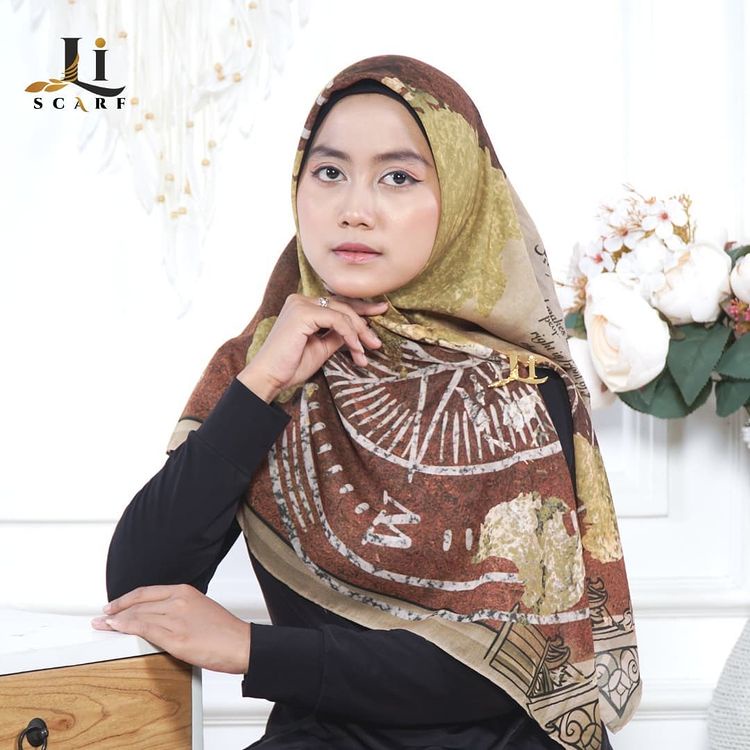 Jilbab Premium Li Scarf World Map Scarf - Brown