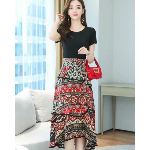 Dress wanita hitam model bawahan motif rame korea lengan pendek elegant