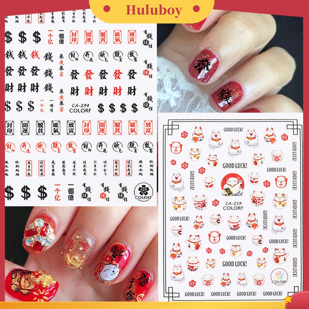 Huluboy Huluboy♡ 3pcs Stiker Kuku Desain Karakter Kaligrafi Cina Untuk Dekorasi Manicure