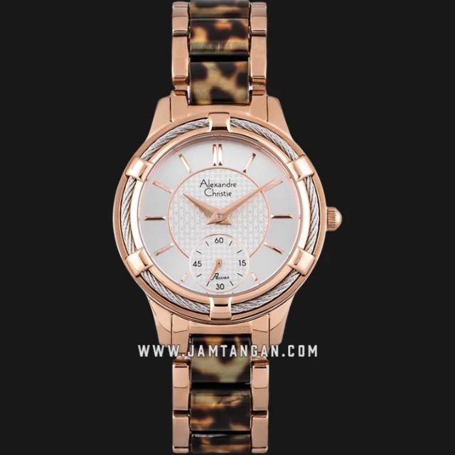 Alexandre Christie AC 2730 BF BRGSLIV Ladies Silver Dial Motif Ceramic & Rose Gold Stainless Steel