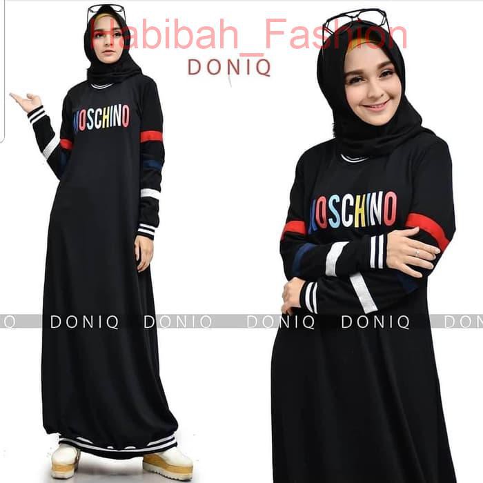 Idref Baju Muslim Gamis Moschino Dress Panjang Hijab Casual Pakaian Wa - Hitam- L